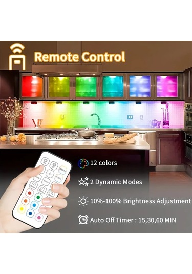 Motion003 3 Adet Şarj Edilebilir Manyetik Rgb Led Dolap Işıkları 3lü Paket Rgb Uzaktan Kum Ahşap