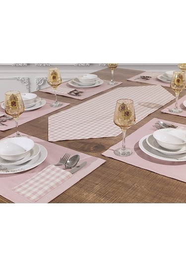 Amerikan Servis Supla Ve Runner Seti 12 Kişilik Set Pudra Ekose D Pudra