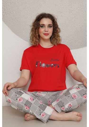 Fames Pijama Yazlik Çiçek Desen Kadin Pijama Takim Kırmızı