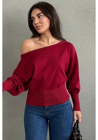 Madmext Kırmızı Ribbed Asimetrik Kesimli Kadın Kazak Mg2744