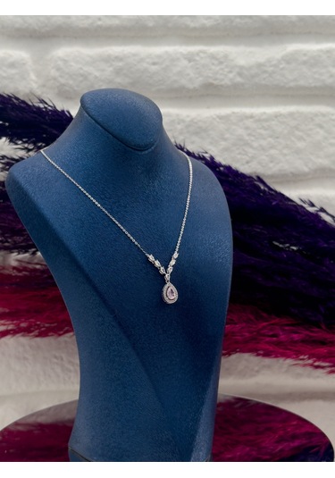 925 Ayar Gümüş Pembe Kuvars Taşlı Özel Tasarım Lüks Kadın Kolye Gümüş