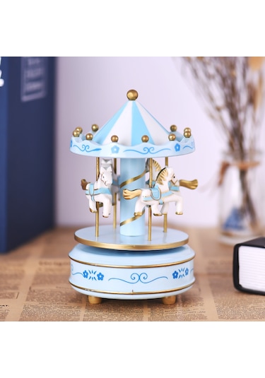 Mufunye Mavi Mekanik Müzik Kutusu - Çarkıfelek Desenli, Sürekli Döner Atlar Ve Güzeldi R Klasik Melodi Melodi Rastgele Mavi
