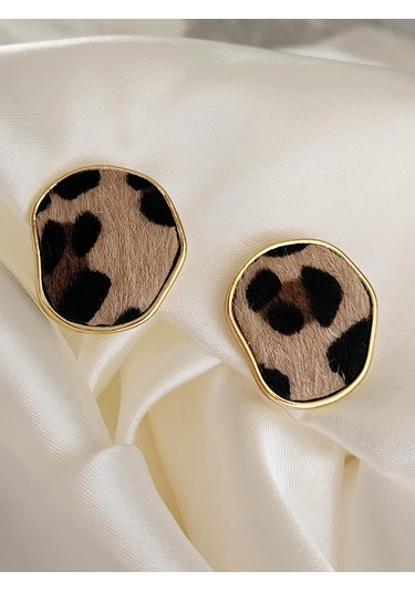 Leopar Asimetrik Oval Yuvarlak Model Küpe Leopar Desenli Çok Renkli