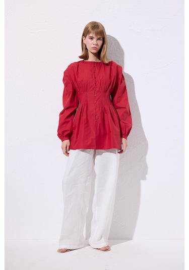 Beli Pile Detaylı Uzun Kol Bluz Kırmızı Kırmızı