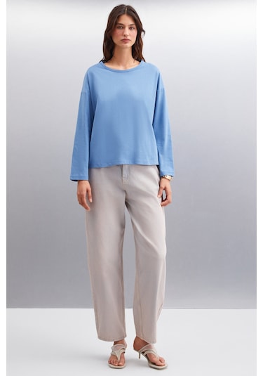 Basıl  Kadın Sırt Baskı Detaylı Oversize %100 Organik Pamuk Örme Uzun Kol Indigo T-shirt