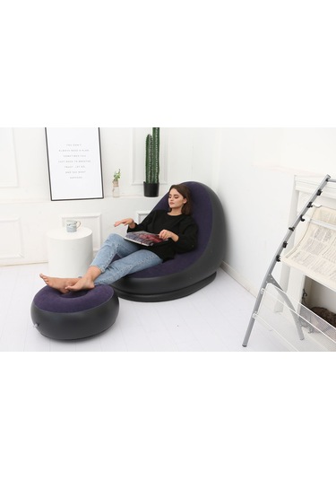 Ikkb Şişme Tembel Koltuk Pedal İle İki Parçalı Taşınabilir Dış Mekan Mobilya Ayak Pompalı Mavi Mavi