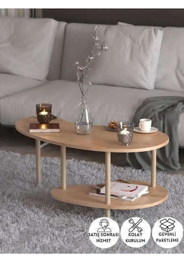 Fasülye Orta Sehpa Ahşap Ayaklı Sehpa Iki Raflı Sehpa Dekoratif Sehpa Gazetelikli - Safir Meşe