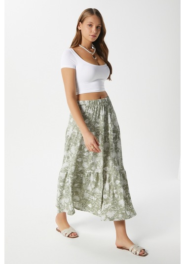 Kadın Caty Bel Lastikli Haki Krem Uzun Etek Yeşil