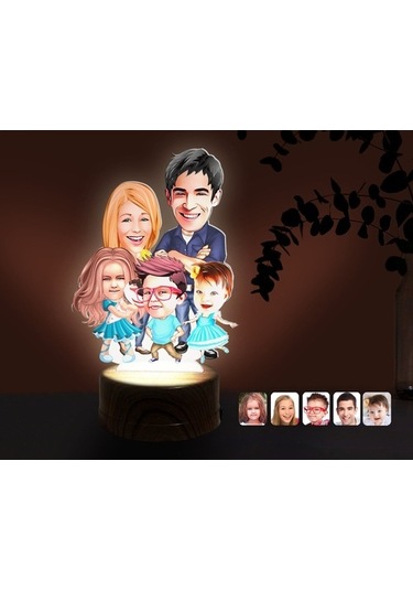 Kişiye Özel Aile Karikatürlü Dekoratif 3D Biblo Led Işıklı Gece L (483006825)