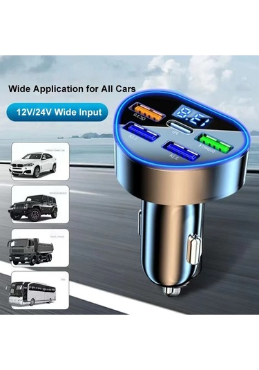 Uyuxıo Usb C Araç Şarj Adaptörü 5'i 1 Arada Gerilim Göstergesi İle Süper Hızlı Car Charger