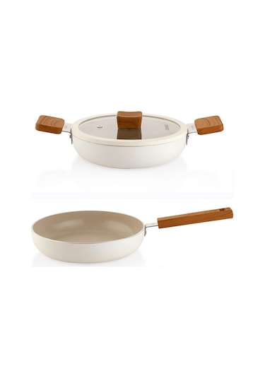 Schafer Ceramoni Seramik Tava 24 Cm Ve 22 Cm Kapaklı Sahan Seti Krem Krem