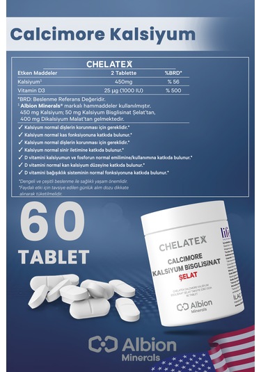Chelatex Calcimore Kalsiyum Bisglisinat 60 Bitkisel Tablet