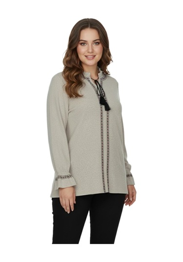 Wearon Kadın Yumoş Yaka Bağcıklı Kol Valonlu Modelli Bluz Bgl-st05141 Bej