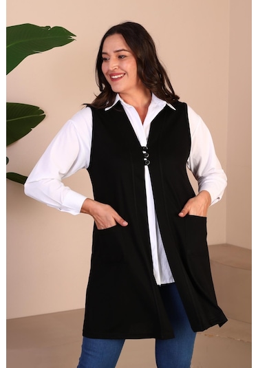 Kadin Buyuk Beden Tesettur Yelek Düğmeli Ve Cepli Esnek Yelek 001