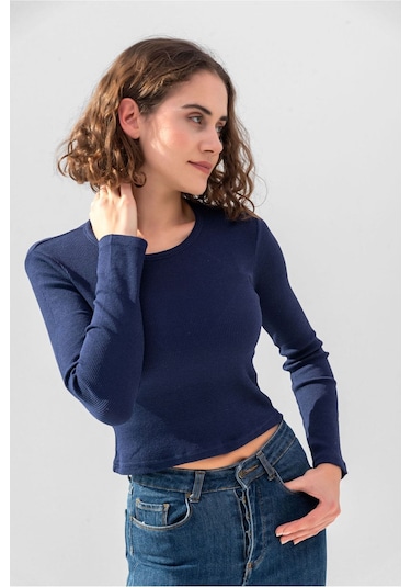 Gri Uzun Kollu Fitilli Bluz Crop Örme T-shirt Koyu Lacivert