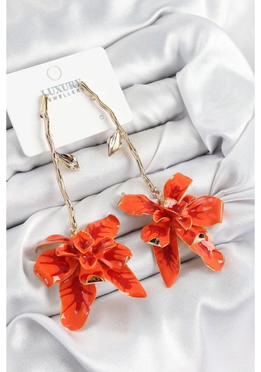 Pirinç Sallantılı Kırmızı Çiçek Model Gold Renk Kadın Küpe Çok Renkli