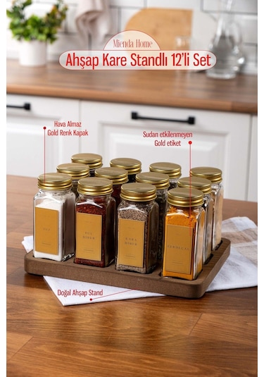 Mienda Home Ahşap Standlı Cam Baharatlık Seti Gold Kapak-etiket 12'li Baharatlık Takımı-mh01gld12 Gold - Şeffaf