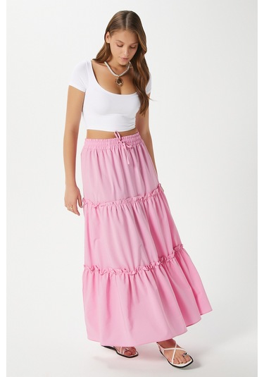 Kadın Elanora Pembe Astarlı Katlı Poplin Etek Pembe