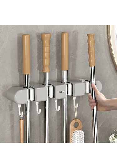 Mufunye Duvar Montajlı Dürtme Yok 4 Klipsli Gri Mop Tutucu - Çok Fonksiyonlu Temizlik Gereçleri Saklama Rafı Diğer