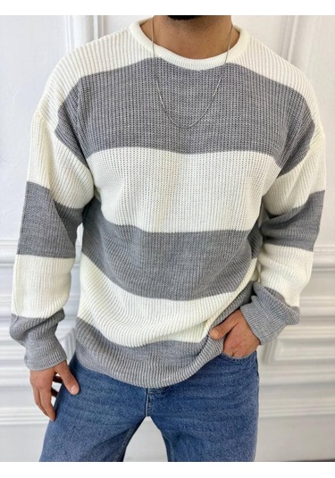 Kazak Oversize Tüylenmez Naturel Pamuk Örme Triko Kazak Gri