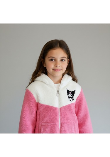 Kuromi Nakışlı Çift Renk Pelüş Kapüşonlu Kız Çocuk Hırka Koyu Pembe
