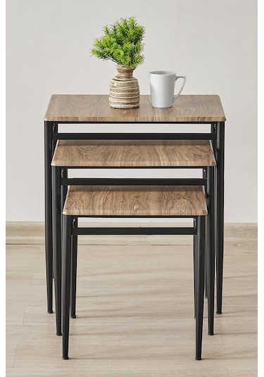 Damrin Serisi Traverten Desen 1. Sınıf Mebran Mdf 3 Lü Zigon Sehpa Takımı Ceviz Desen - Siyah Ayak