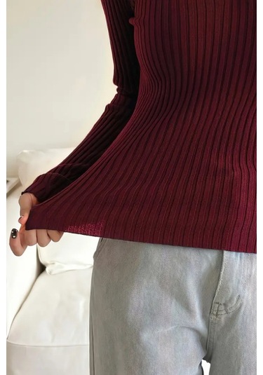 Kadın Fitilli Polo Yaka Triko Kazak Bordo