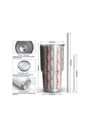Noel Desenli 30oz Kahve Termosu, Çift Katlı Paslanmaz Çelik, Yeniden Kullanılabilir, Sızdırmaz Noel Şeker Kamışı