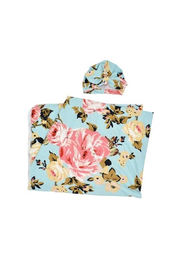 Novahub 86 137cm Bebek Kundak Yenidoğan Örtü Kapşonlu Açık Mavi Büyük Çiçek Mavi