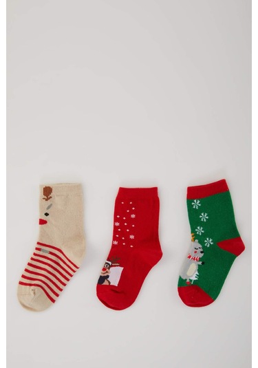 DeFacto Erkek Bebek Yılbaşı Temalı Kaydırmaz Taban 3'lü Pamuklu Uzun Çorap B6307A5NSKR1