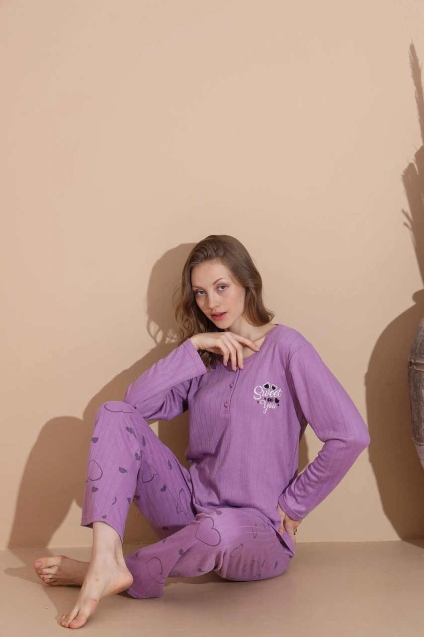 Lindros Kadın Pamuk'lu Düğme Yaka Raporlu İnterlok Kışlık Pijama Takımı 05034 - 1 Adet Mor