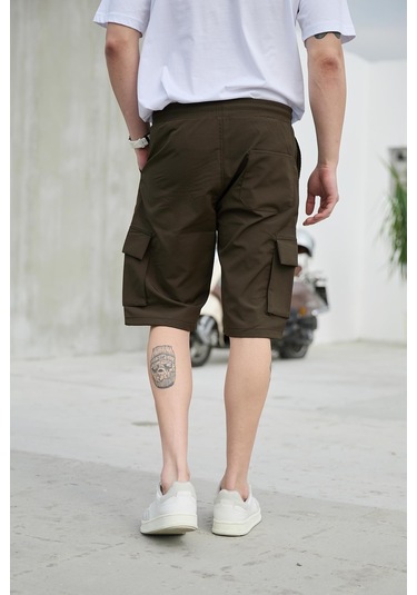 Haki Renk Kargo Cepli Paraşüt Kumaş Erkek Şort-1558 Haki