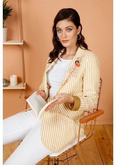 Çizgili Sol Yaka Broslu Spor Ceket Sarı