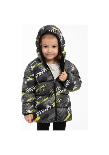 Kız Çocuk Sarı Siyah Dijital Desen Içi Polar Su Ve Rüzgar Geçirmez Kapüşonlu Şişme Kışlık Mont Sarı - Siyah
