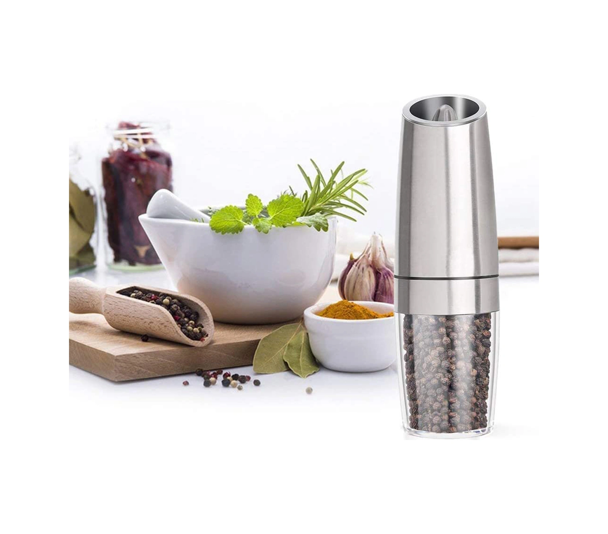 Yunboo Ev Elektrikli Biber Değirmeni, Çekim Sensörlü, Çelik Paslanmaz, Ayarlandırabilir Değirme Kalınlığı, Mavi Led Işık, Tek Elle Kullanım Pil Dahil Değil Gümüş