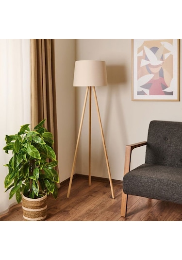 Evidea Lighting Ahşap Ayak Tripod Lambader - Natürel / Beyaz Natürel / Beyaz