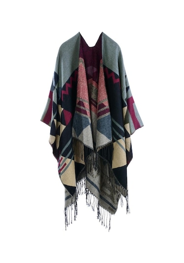 Kadın Örme Şal Panço Sahte Kaşmir Geometrik Desen Püskül Büyük Boy Uzun Bohemya Pelerin Renk: Bordo Sarı