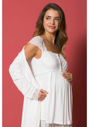 Monamise 18203 Hamile Lohusa Sabahlıklı Pijama Takımı-ekru
