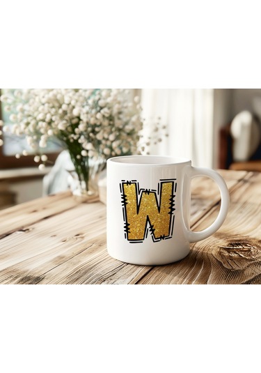 W Harfi Gold Simli Kupa Işıltılı Alfabe Harf Tasarımlı Kahve Kupası - Kişiye Özel Hediye Beyaz