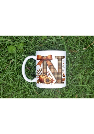 N Harfi Ekose Ve Sonbahar Temalı Kupa Bardak - Kişiye Özel Sıcak Tonlar Alfabe Kupa - Hediye Beyaz
