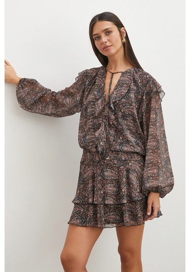 Uterpe Paisley Desenli Fırfırlı Gömlek Siyah