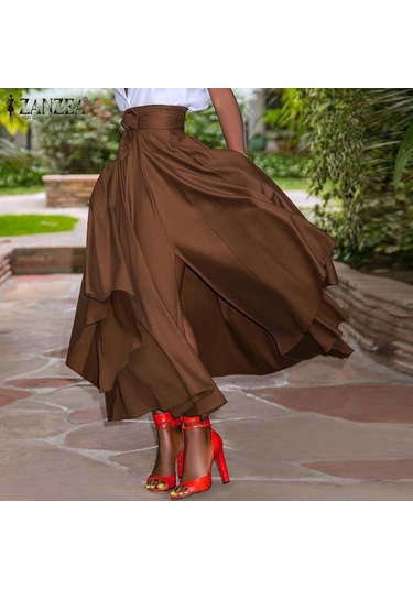 Zanzea Bayan Yaz Yüksek Bel A Hattı Yırtmaçlı Etek Cepli Kahverengi