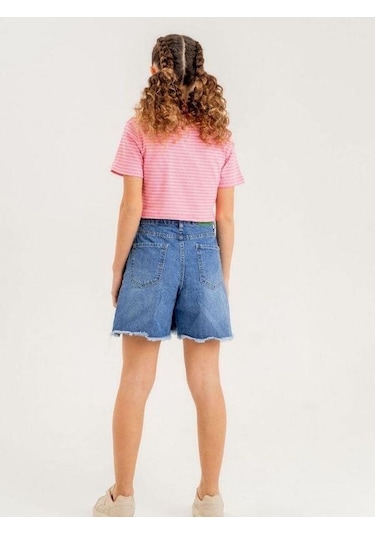 Kız Çocuk Kalp İşlemeli Denim Şort-13912 Mavi