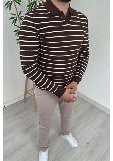Explode - Erkek Kahve Çizgili Polo Yaka Oversize Triko Kazak Kahverengi