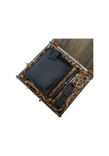 Larimar Ahşap Deri Kutulu Siyah Renk 3'lü Hediye Seti - Kalem, Cüzdan, Anahtar - 9068402223527lmr