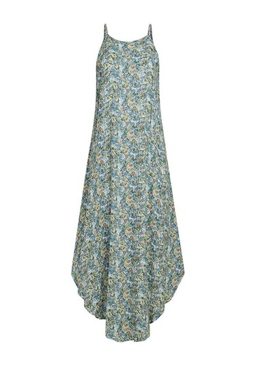 Yeşil Vonda Yaz Kadın Boyundan Bağlamalı Kolsuz Çiçek Baskılı Askı Düzensiz Etek Maxi Elbise Yeşil