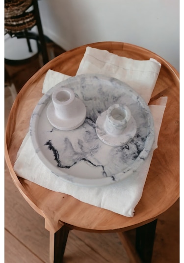 Marble Serisi Beton Tepsi Ve 2'li Mumluk,taki Tabağı,tütsülük Gri