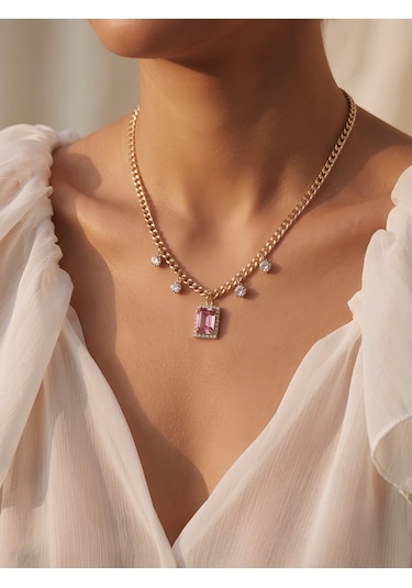 Baget Model Zirkon Taşlı Gold Pembe Renkli Çelik Kolye