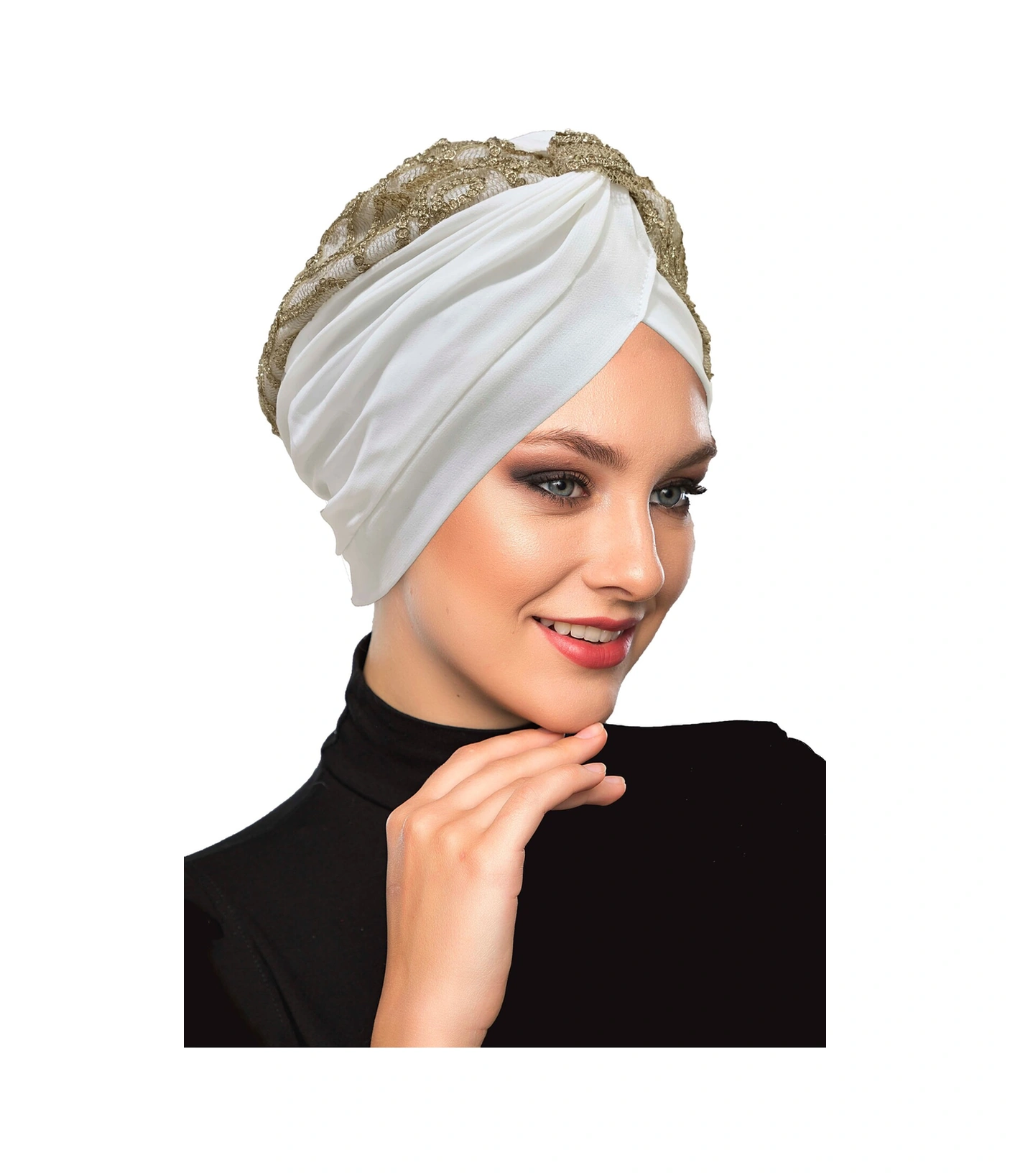 Özel Tasarım Ekru Üzeri Sırma Desenli Astarlı Hazır Türban Tesettür Abiye Bone Ekru4