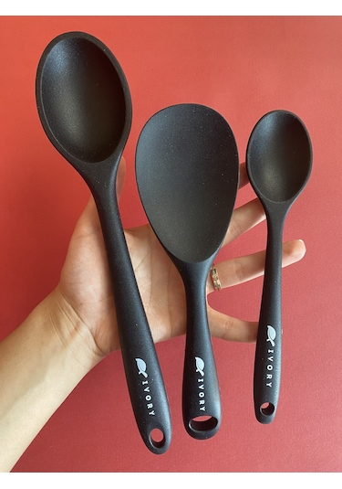 Sert Uçlu Silikon Kaşık Seti 3prç 28cm/22cm/20cm Siyah